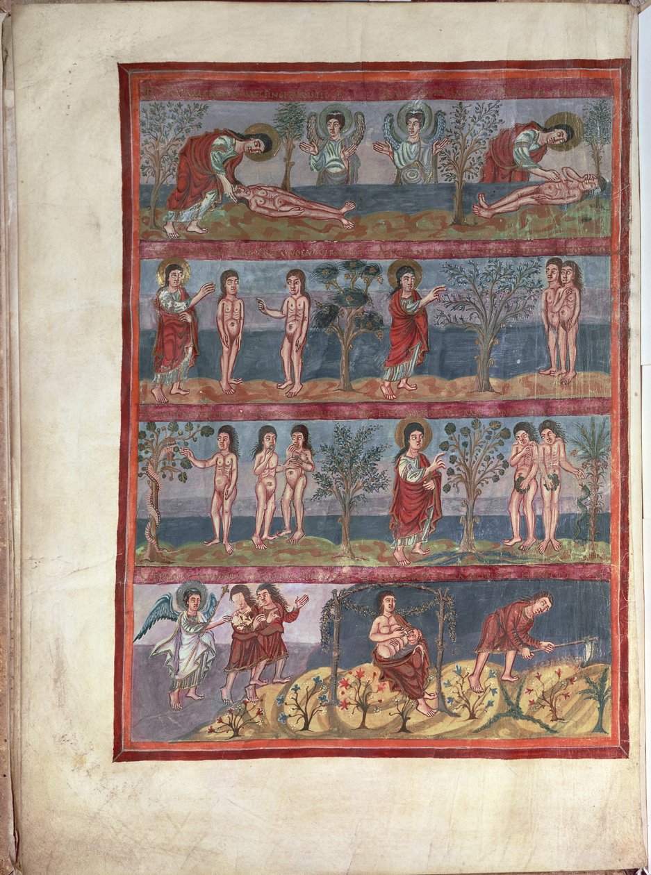 Adam und Eva, aus der Moutier-Grandval-Bibel, illuminiert in der karolingischen Abtei St. Martin, Tours, Latein, ca. 834-843 von French School