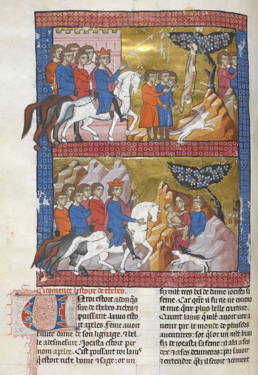 Add. 15268, f.75v Ödipus, gefunden von Polybus, König von Korinth, Illustration aus 