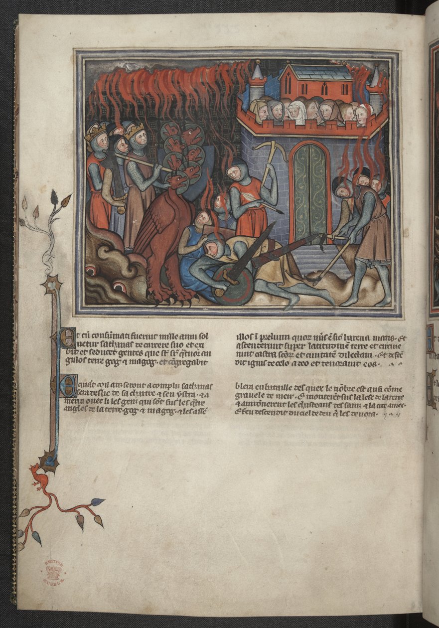 Add 17333, f.42v, Miniatur der himmlischen Heere, die gegen den Drachen kämpfen (Offenbarung XIX:19-20), aus der Apokalypse (die 