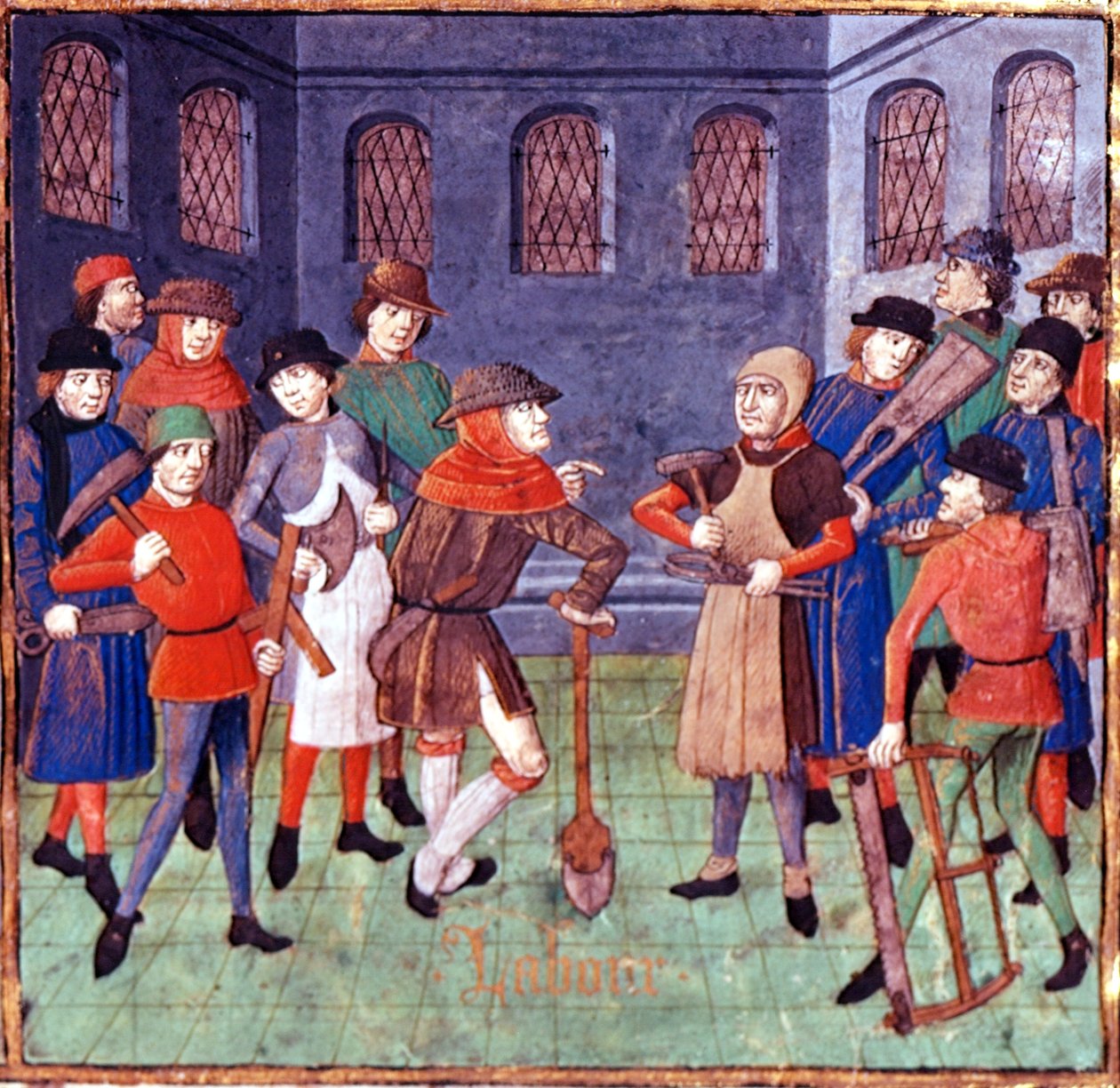 Arbeiter mit Werkzeugen, Detail aus dem Widmungsprolog an den Herzog von Berry in 