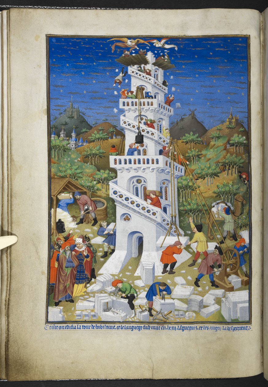 Der Bau des Turms von Babel, aus dem Stundenbuch (Die Bedford-Stunden) ca. 1410-30 von French School