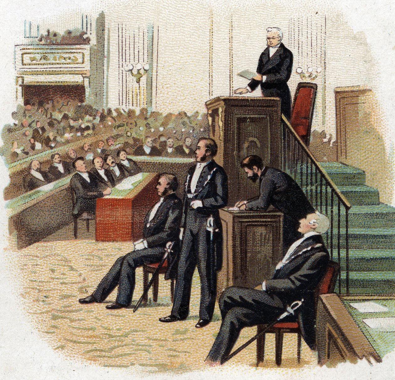 Adolphe Thiers (1797-1877), Präsident der Republik, am Rednerpult der Nationalversammlung im Jahr 1872 - Chromolithographie (Chromo) Anfang des 20. Jahrhunderts von French School