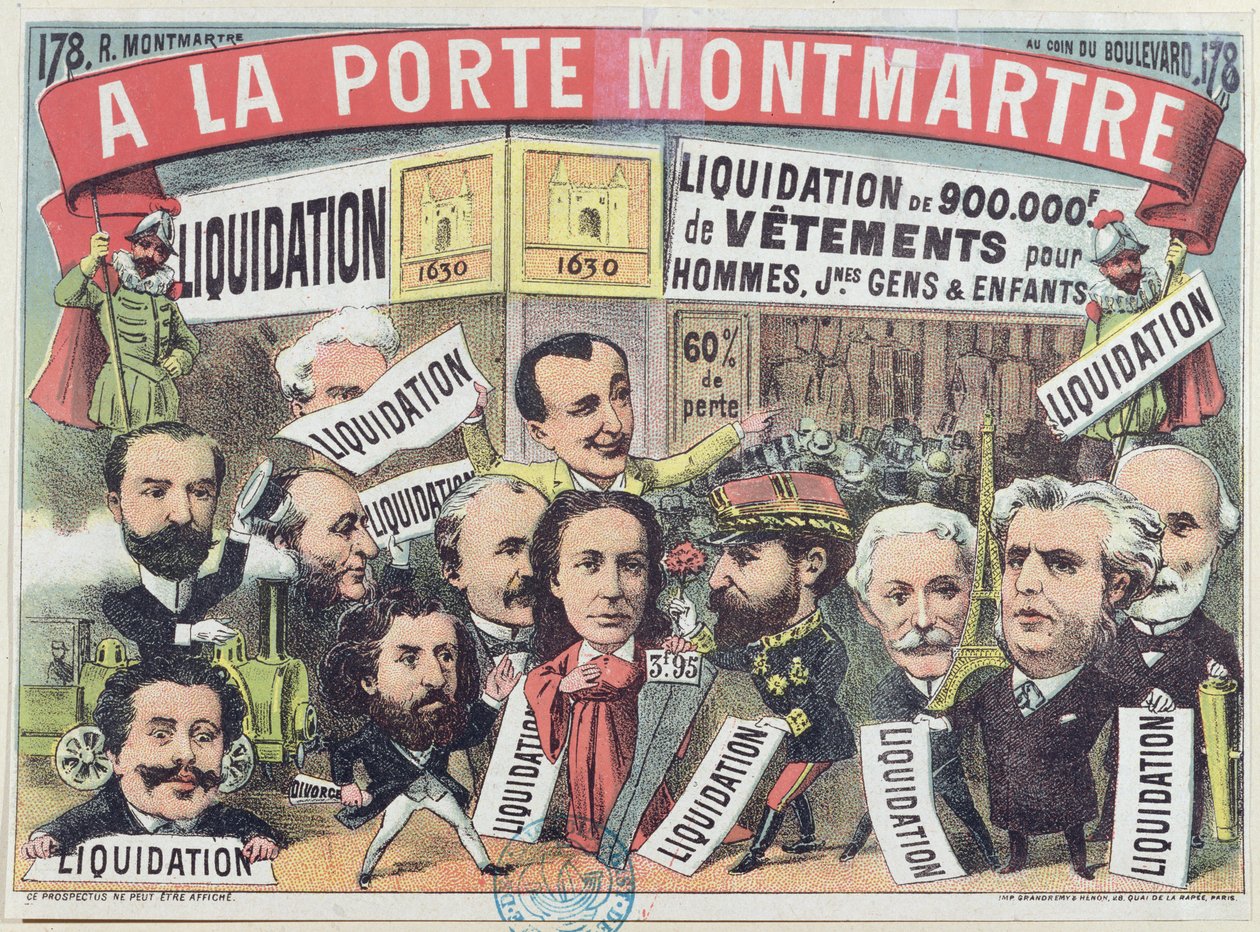 Werbung für einen Kleidungsausverkauf im Pariser Kaufhaus La Porte Montmartre, ca. 1880 von French School