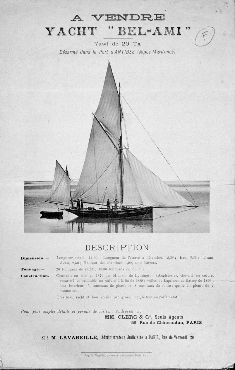 Anzeige für den Verkauf von Guy de Maupassants Yacht Bel-Ami von French School