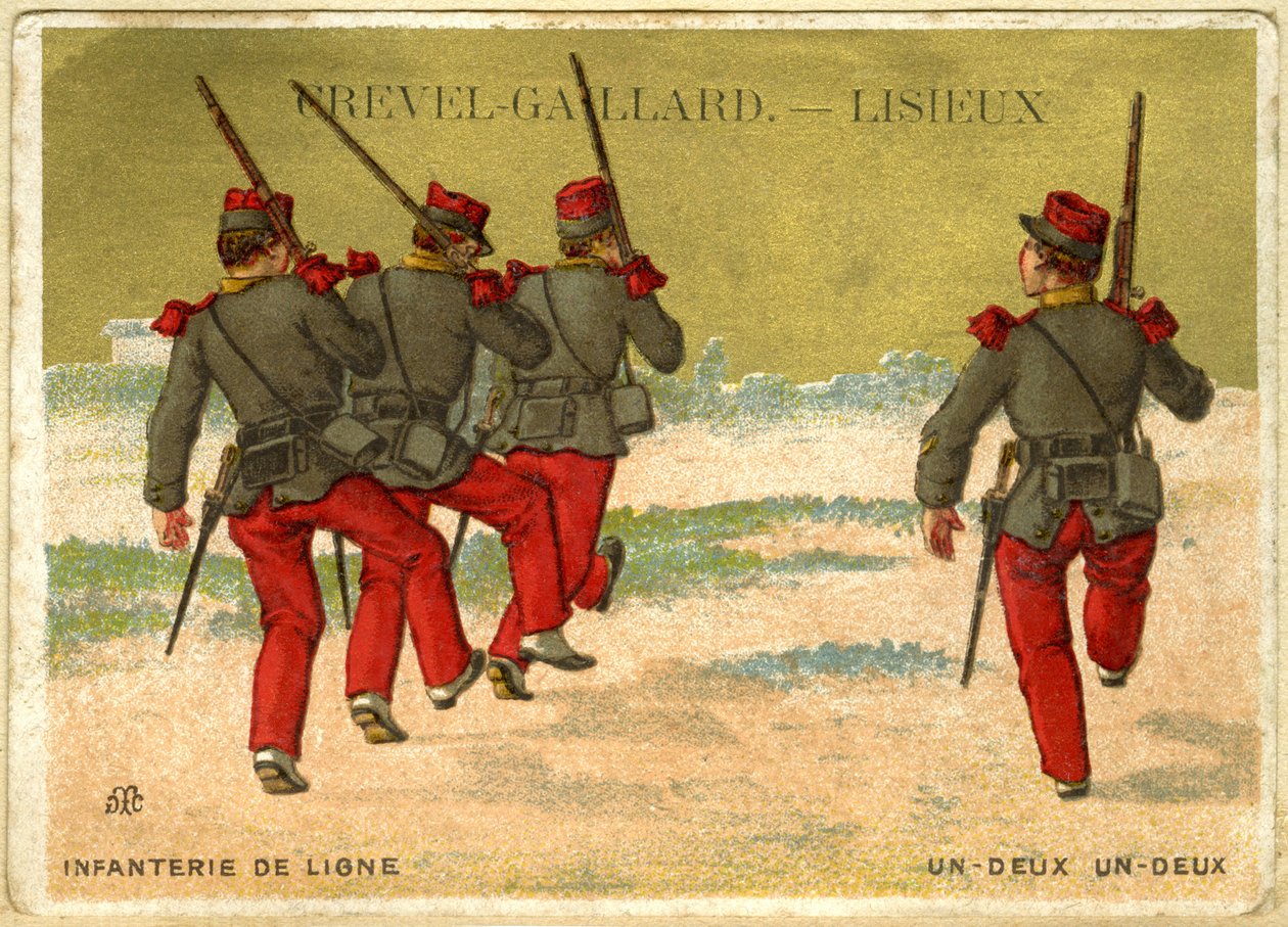 Werbe-Chromolithographie von Grevel-Gaillard, Lisieux, Infanterie in Linie, eins zwei, eins zwei von French School