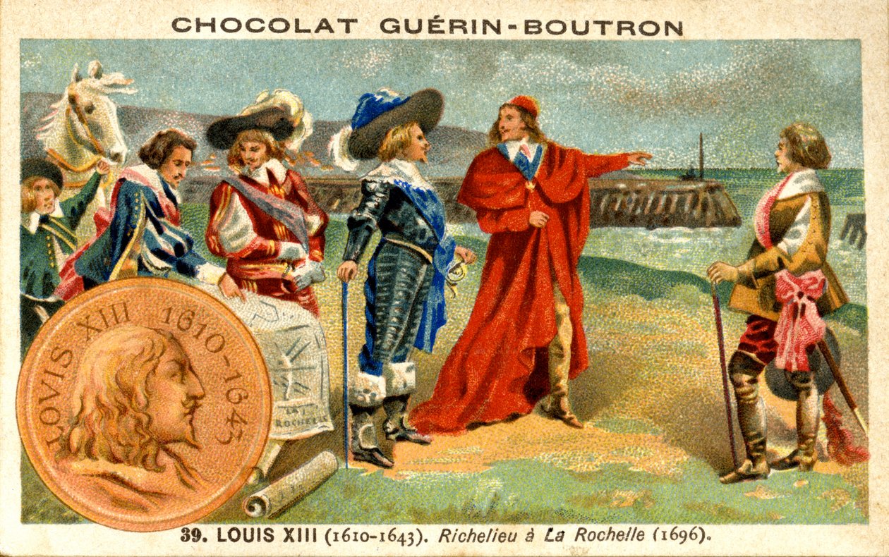 Werbe-Chromolithographie von Schokoladen Guerin Boutron, Ludwig XIII. König von Frankreich von 1610 bis 1643. Richelieu in La Rochelle 1696 von French School