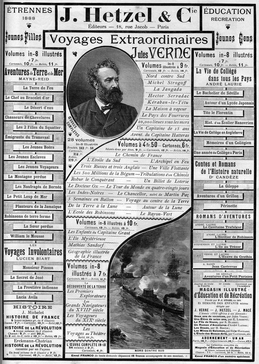 Werbung für Jules Vernes Romane zum Jahresende 1887, Herausgeber J. Hetzel von French School