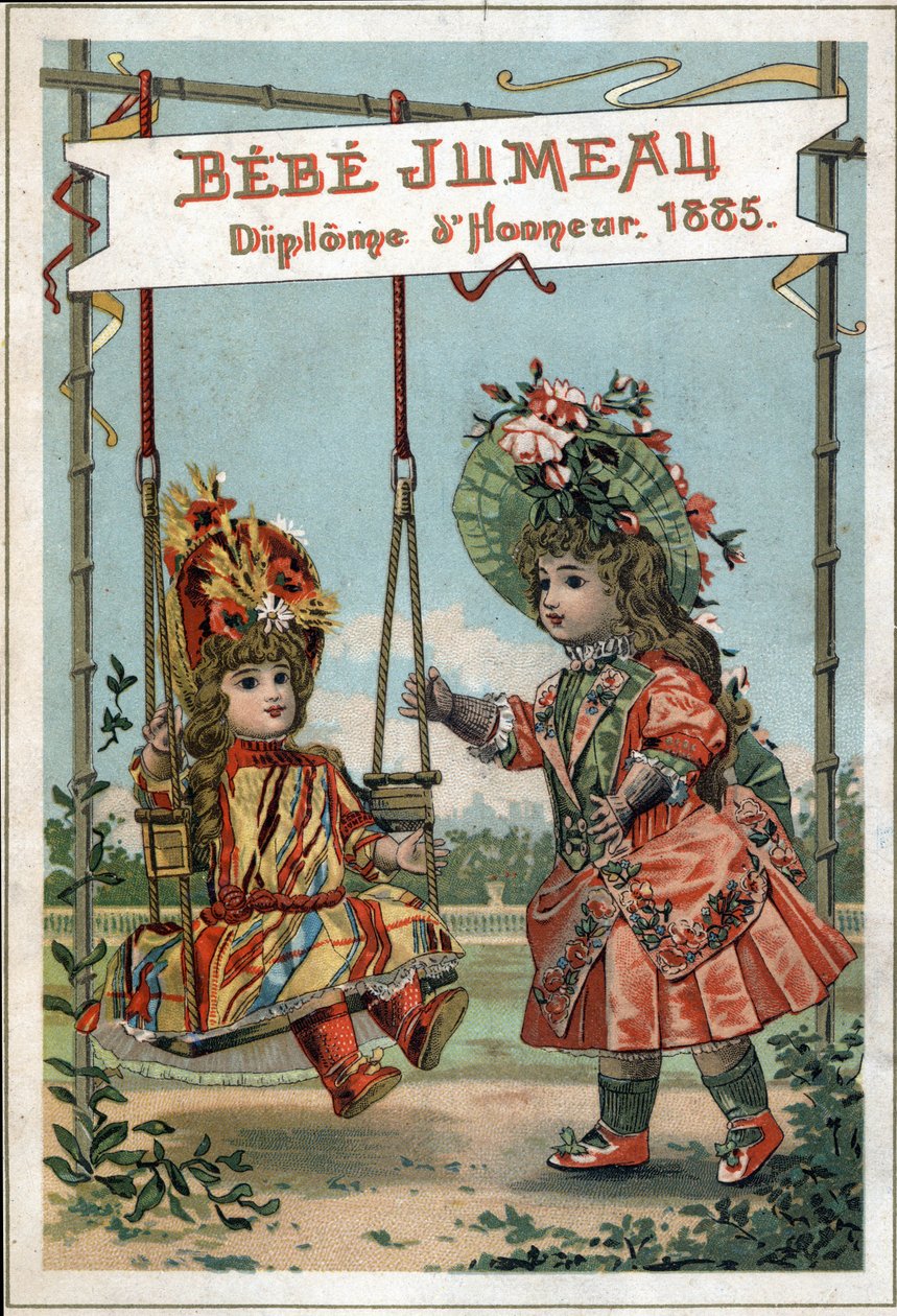 Werbung für Zwillingspuppen im Jahr 1885 des Twin House. (Erste Weltfabrik für die Herstellung von schönen Puppen) von French School