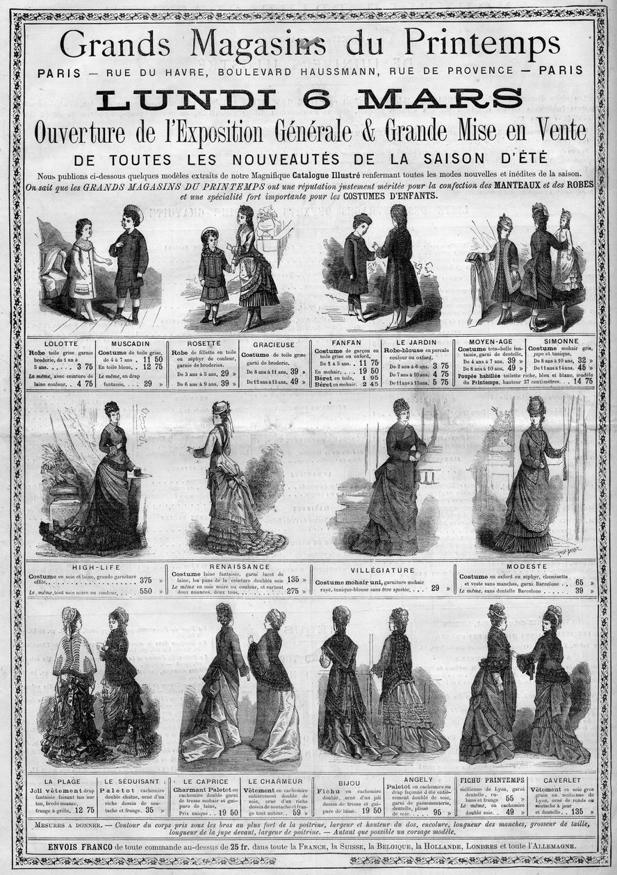 Werbung für die Eröffnung der allgemeinen Ausstellung und den Verkauf von Neuheiten der Sommersaison (Sommerkollektion) in den Kaufhäusern Printemps in Paris. Gravur in „L