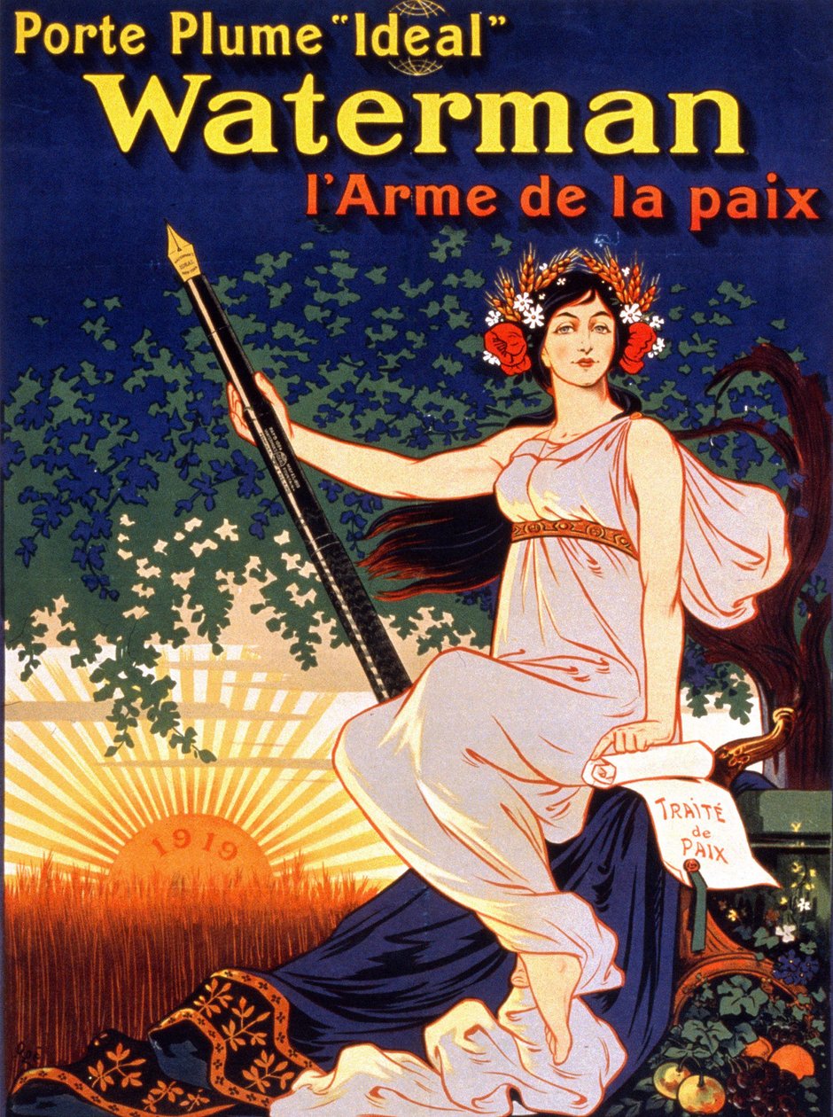 Werbeplakat für „Ideal Waterman Füllfederhalter, die Waffe des Friedens“ (eine Frau hält den Friedensvertrag und eine Waterman-Feder). Lithographie 1919 von French School