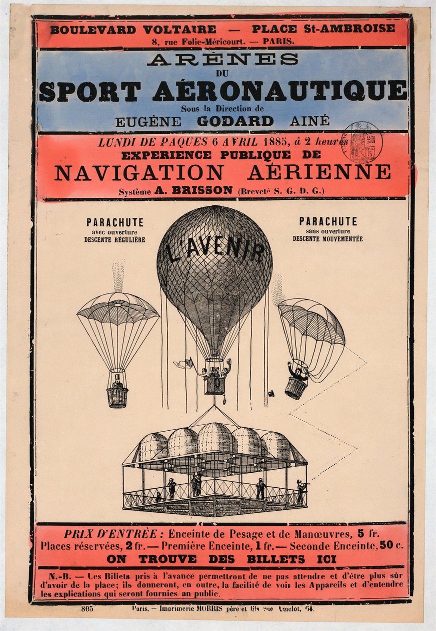 Luftfahrtausstellung in Paris 1885 unter der Leitung von Eugene Godard, veröffentlicht 1885 von French School