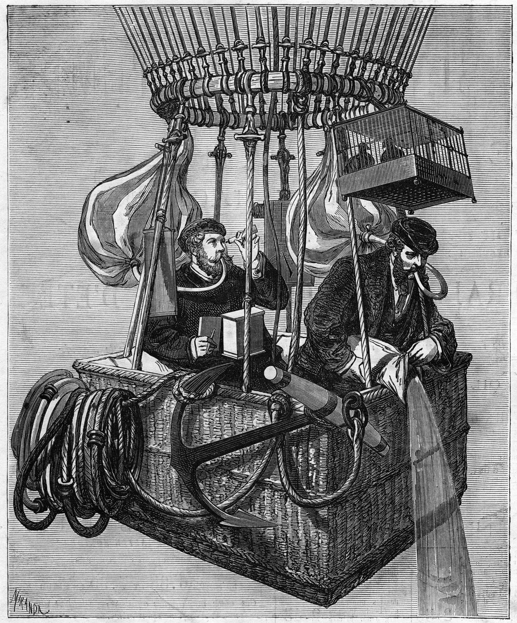 Luftfahrt: der Aufstieg des Ballons „Polarstern“ im Jahr 1874. Um Atemprobleme in großer Höhe zu bekämpfen, wurden die beiden Luftfahrer mit Sauerstoffballons ausgestattet und inhalierten durch den Mund mit einem Gummischlauch. Gravur in „Le Monde Illustré von French School