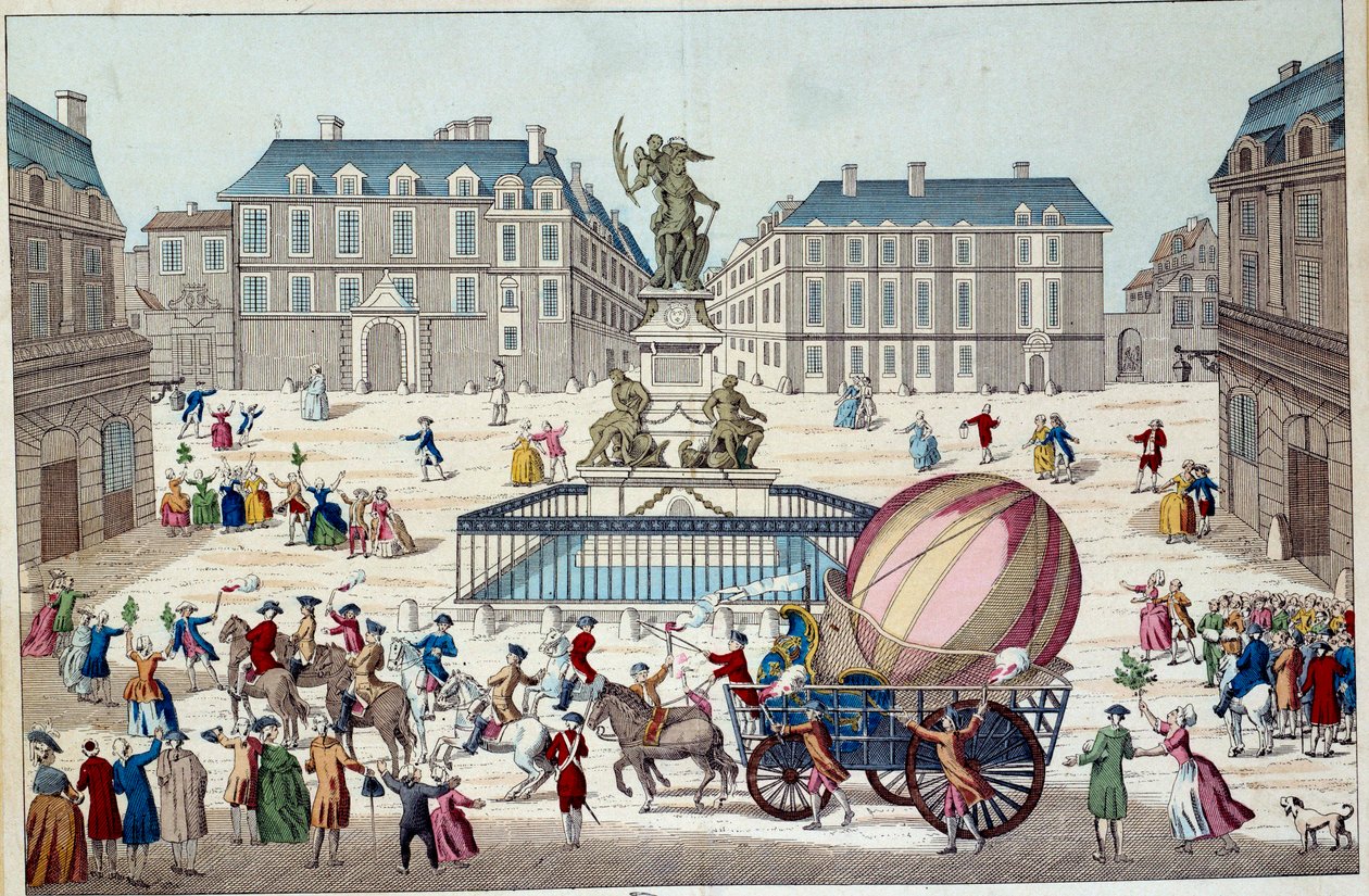 Aerostat: der zweite Versuch, mit einem Ballon zu fliegen. Der gesamte aerostatische Globus von Charles und Robert in Paris, nach einer Reise mit einem Wasserstoffgasballon, am 02.12.1783. Anonymer Druck aus dem 18. Jahrhundert. Paris, dekorative Künste von French School