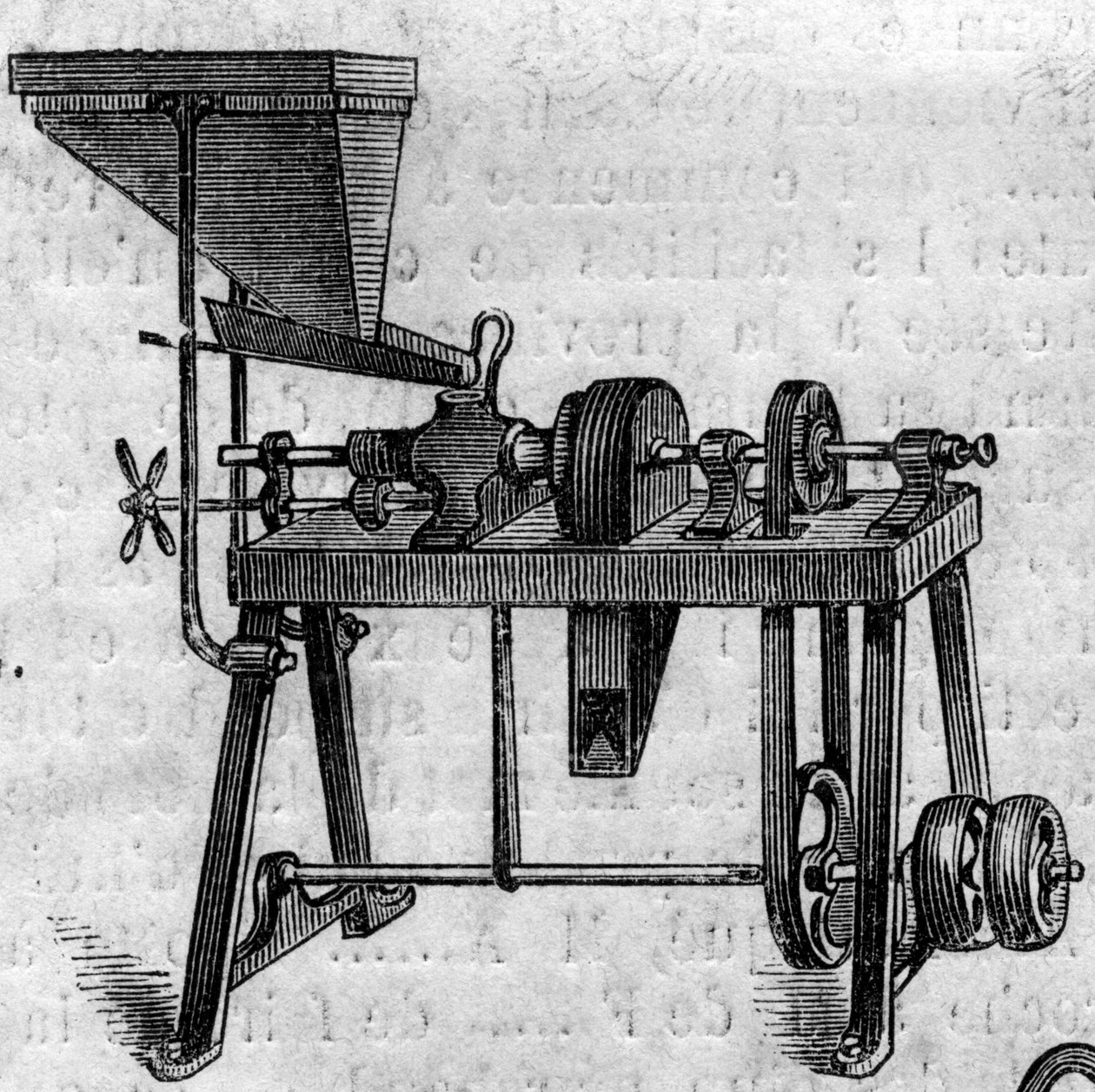 Landwirtschaftsmaschine: eine kleine Mühle auf der Landwirtschaftsausstellung 1860 in Paris. Gravur in „Le Monde Illustré“ Nr. 168 vom 30. Juni 1860 von French School