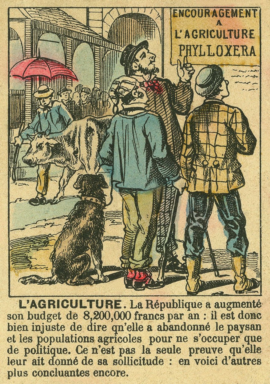 Die Landwirtschaft veranschaulicht die Vorteile der Dritten Republik für landwirtschaftliche Investitionen und ihre Sorge um die bäuerliche Bevölkerung. Gravur in „Le Figaro, Supplement“, am 30.03.1889, Paris. Sammlung Selva. von French School