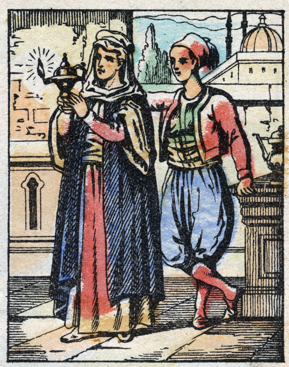 Aladin bringt die Wunderlampe zu seiner Mutter. Stich aus dem Märchen „Aladin und die Wunderlampe“ aus Tausendundeine Nacht. Epinal-Bild, Ende des 19. Jahrhunderts. Private Sammlung. von French School