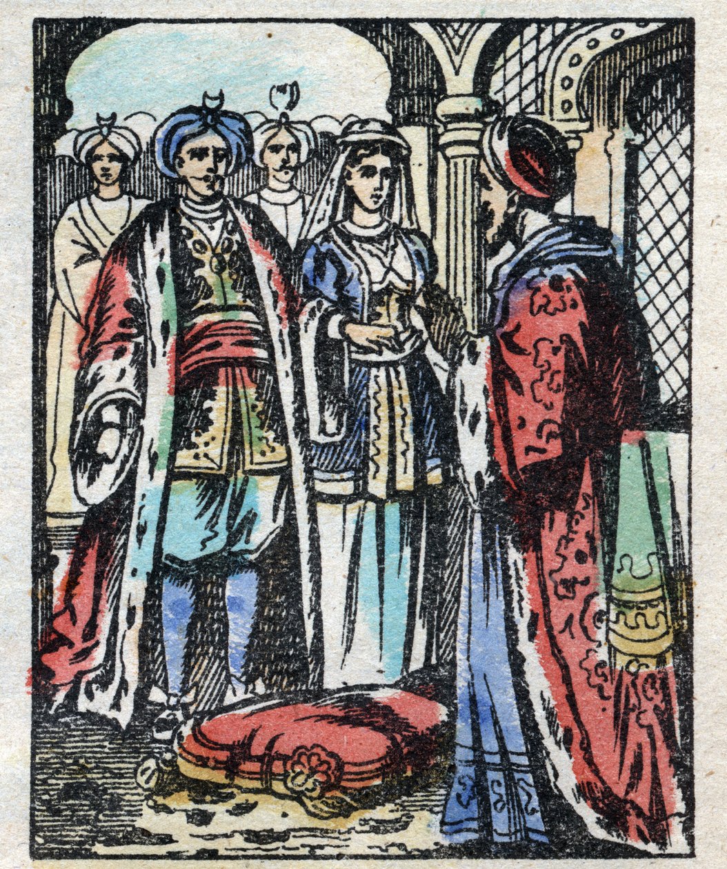 Aladins Hochzeit mit der Tochter des Sultans. Gravur aus dem Märchen Tausendundeine Nacht "Aladin und die Wunderlampe". Epinal-Bild, Ende des 19. Jahrhunderts. Private Sammlung. von French School