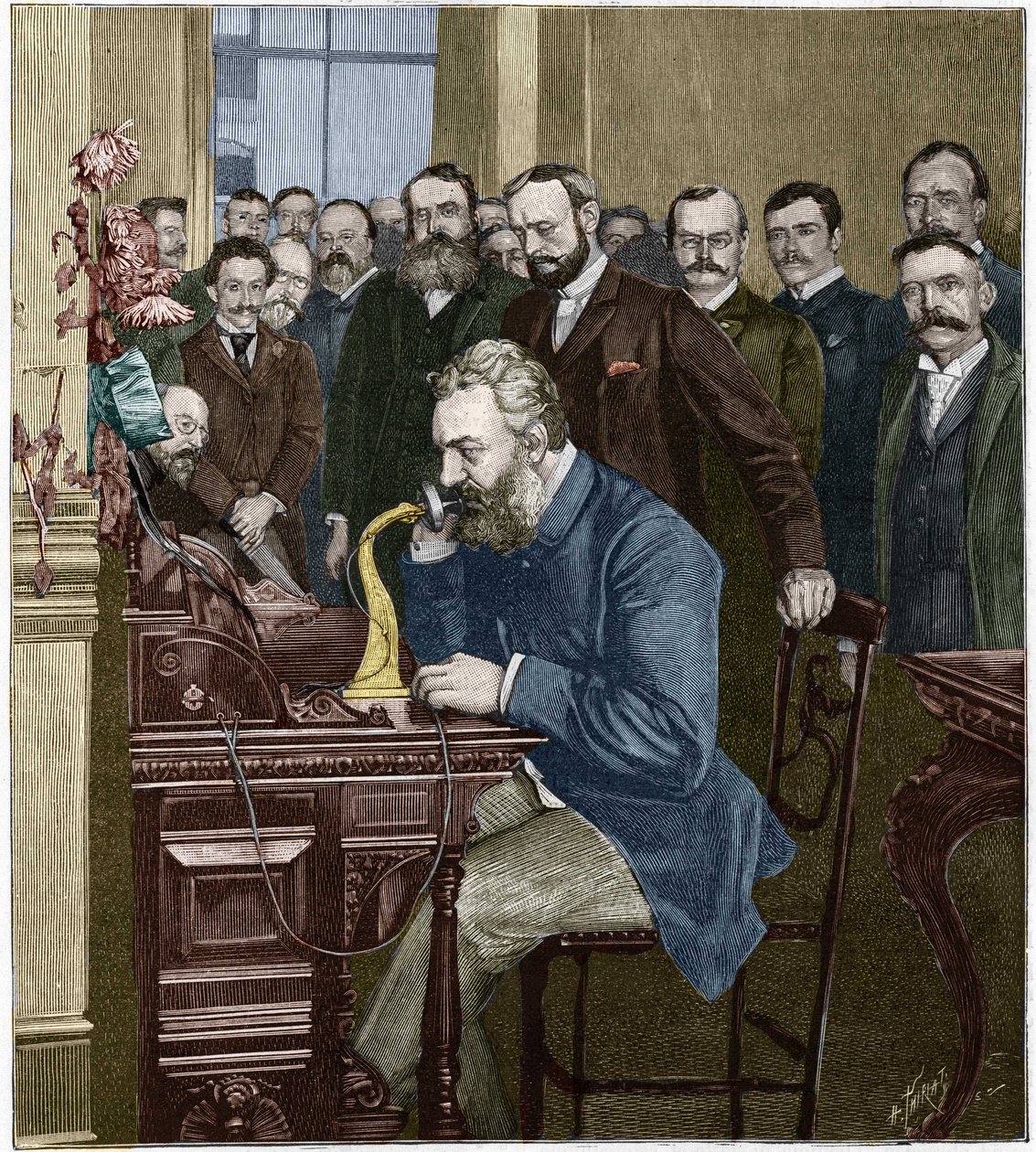 Alexander Graham Bell (1847-1922) eröffnete die Fernleitung New York-Chicago, 18. Oktober von French School