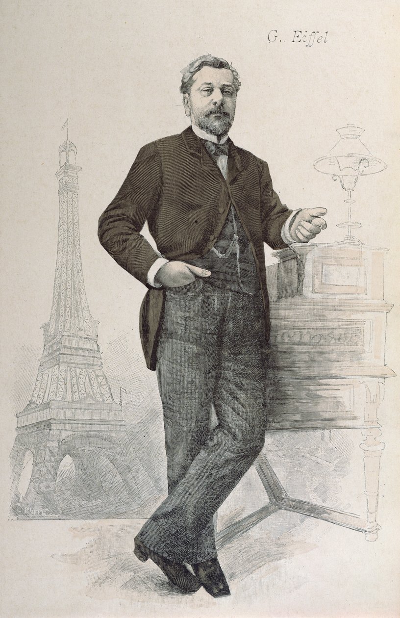 Alexandre Gustave Eiffel posiert an seinem Schreibtisch mit einer Zeichnung des Eiffelturms, Illustration aus La Revue Illustrée, 1888 von French School