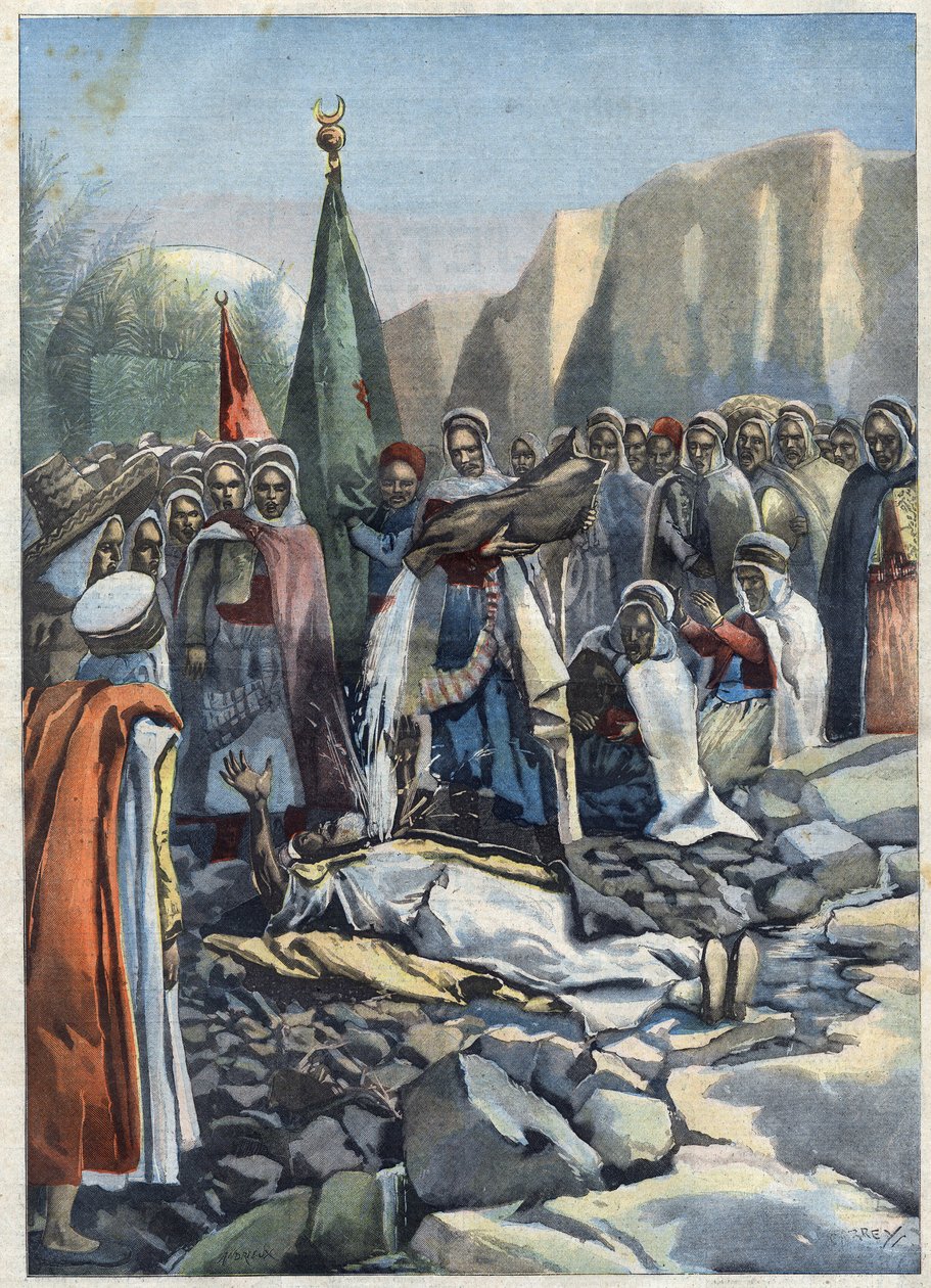 Algerische Dürre: Ein Marabout liegt auf dem Boden und bittet Allah um Regen, in "Le Petit Parisien" von French School