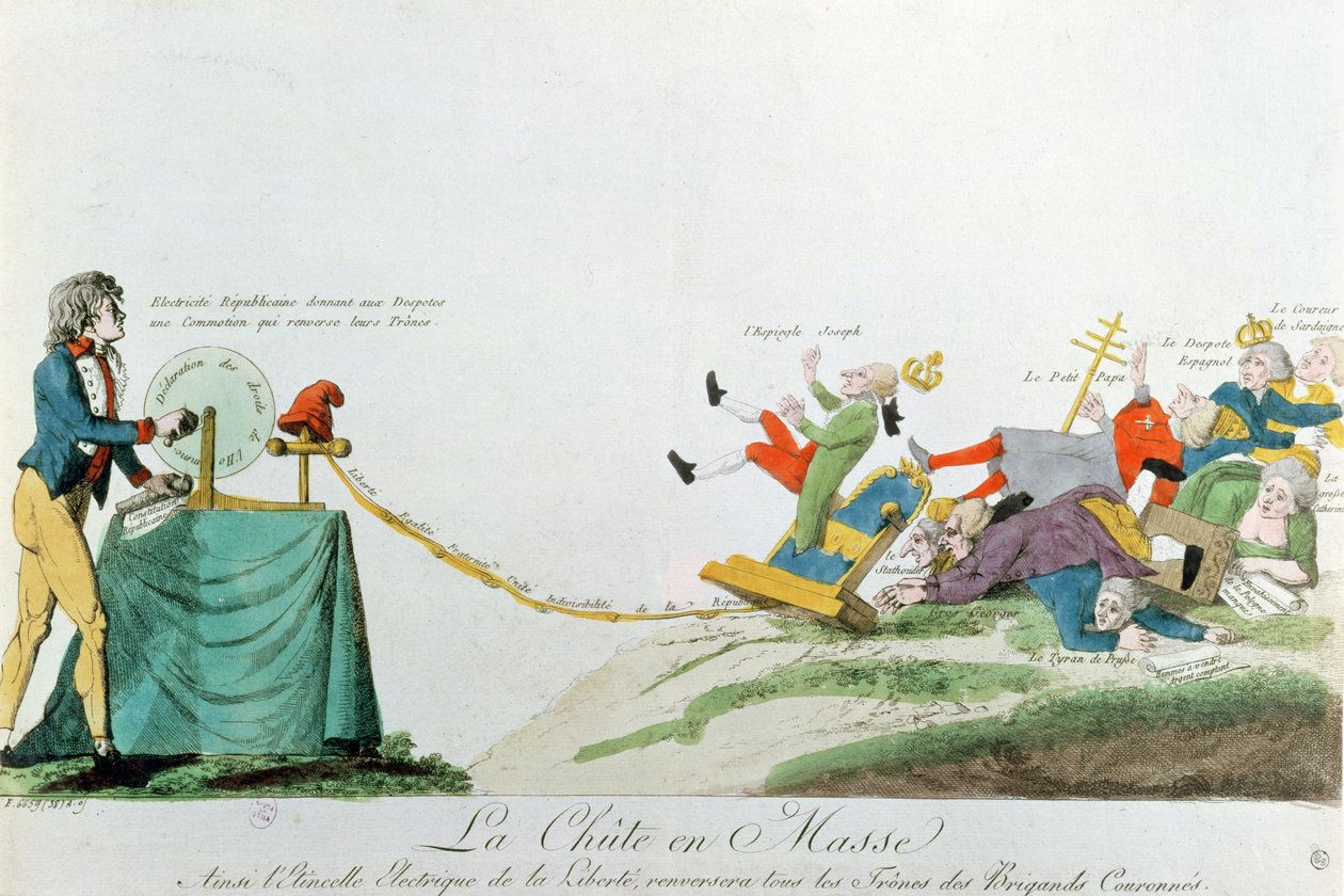 Alle fallen um, die durch die Erklärung der Menschenrechte während der Französischen Revolution erzeugte Elektrizität stürzt die Throne und Monarchen Europas, ca. 1793 von French School