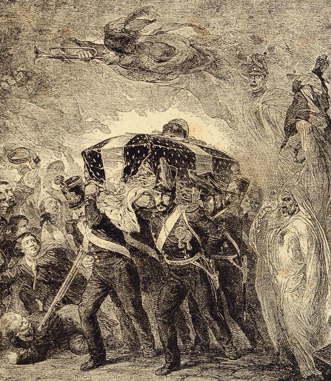 Allegorie der Rückkehr der Asche des französischen Kaisers Napoleon Bonaparte im Jahr 1840. 19. Jahrhundert (Gravur aus "Clours, mores, usages, costumes, inventions") von French School