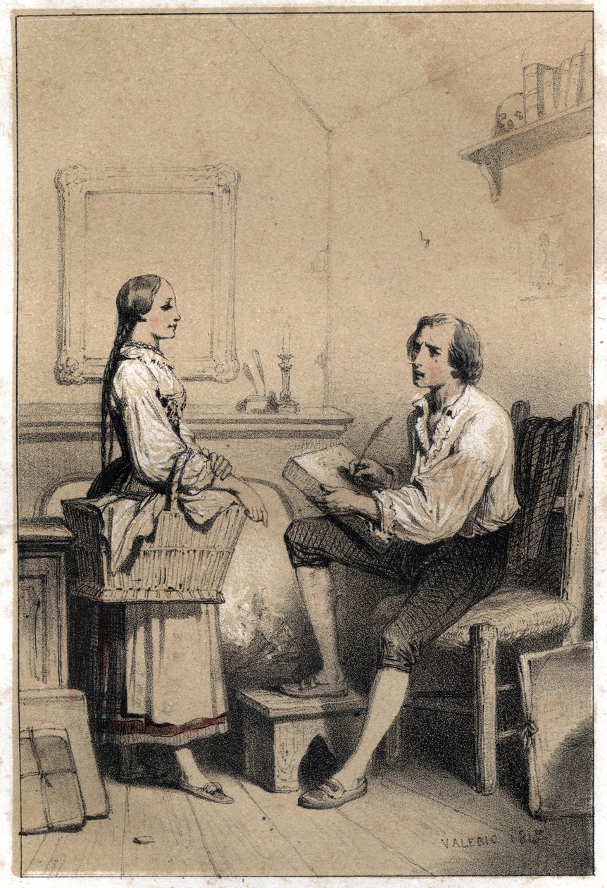 Alois Senefelder (oder Aloysius oder Aloys) oder Johann Nepomuk Franz Aloys (1771-1834), ein tschechischer Dichter und Graveur, bleibt ohne ein Blatt Papier in einem Moment der Wut und Verzweiflung, der ihn dazu brachte, alles in die Flammen zu werfen, sch von French School