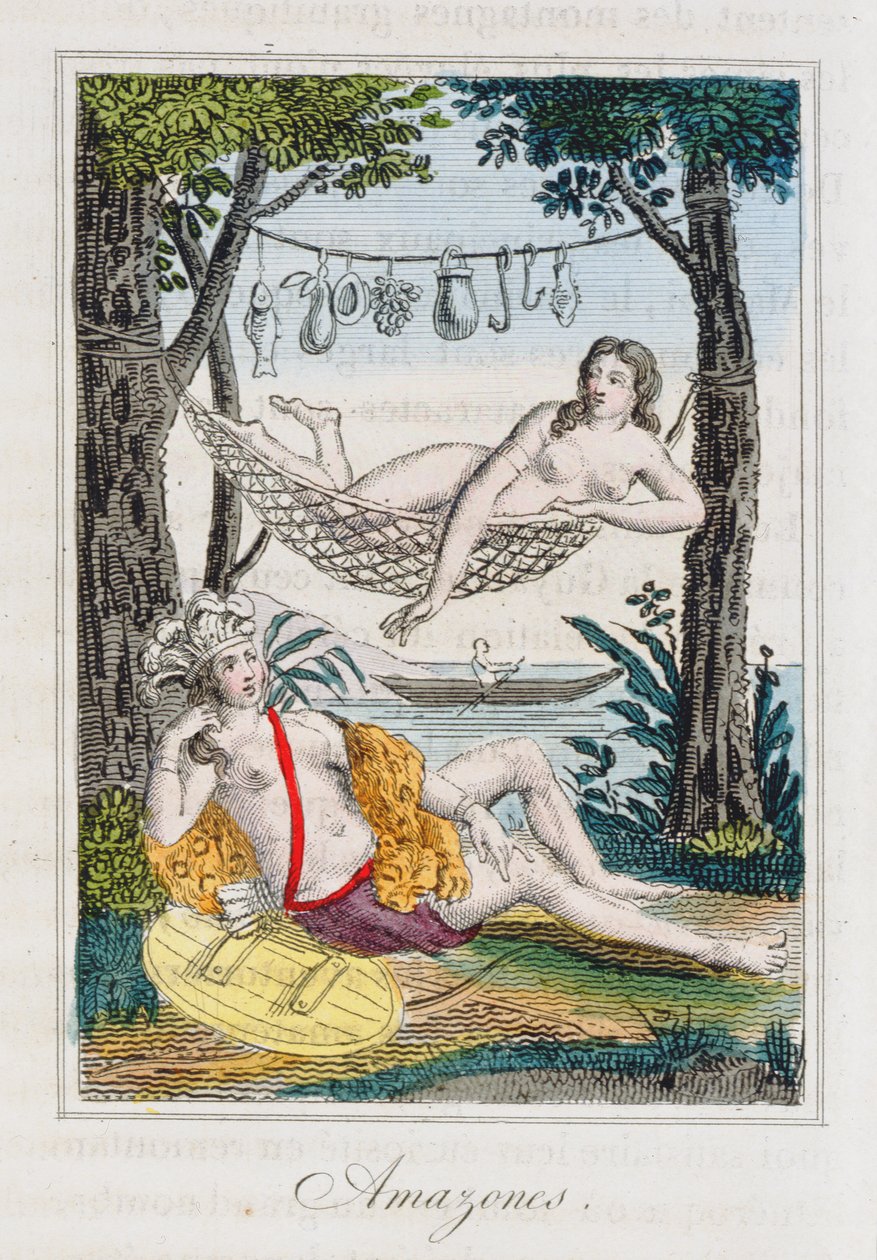 Amazonen, Illustration aus Histoire des voyages autour du monde von J. Dufay, herausgegeben von Courvalet & Co., Paris, 1826 (Farbstich) von French School