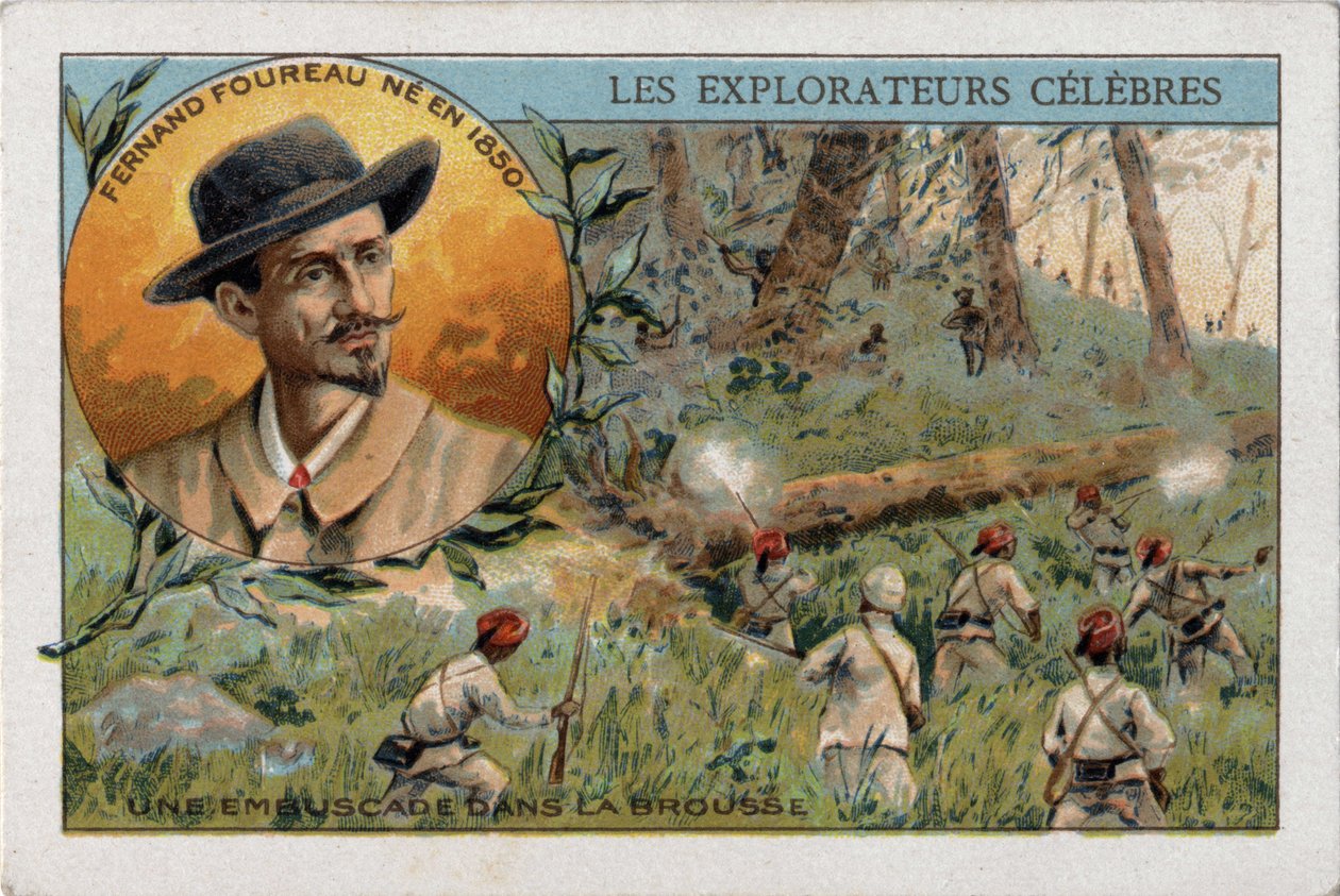 Hinterhalt im afrikanischen Busch während einer Expedition des französischen Entdeckers Frenand Fourreau (1850 - 1914). Chromolithographie des 19. Jahrhunderts von French School