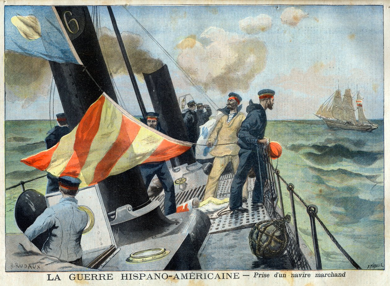 Amerikanisch-Spanischer Krieg (oder Desastre von 98) - Der Spanisch-Amerikanische Krieg: Eroberung eines Handelsschiffs. Der Hispano-Amerikanische Krieg - Eroberung eines Handelsschiffs. Illustration für Le Petit Journal von French School