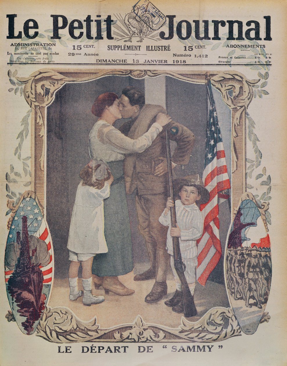 Ein amerikanischer Soldat auf dem Weg nach Europa während des Ersten Weltkriegs, Titelillustration von Le Petit Journal, 13. Januar 1918 von French School