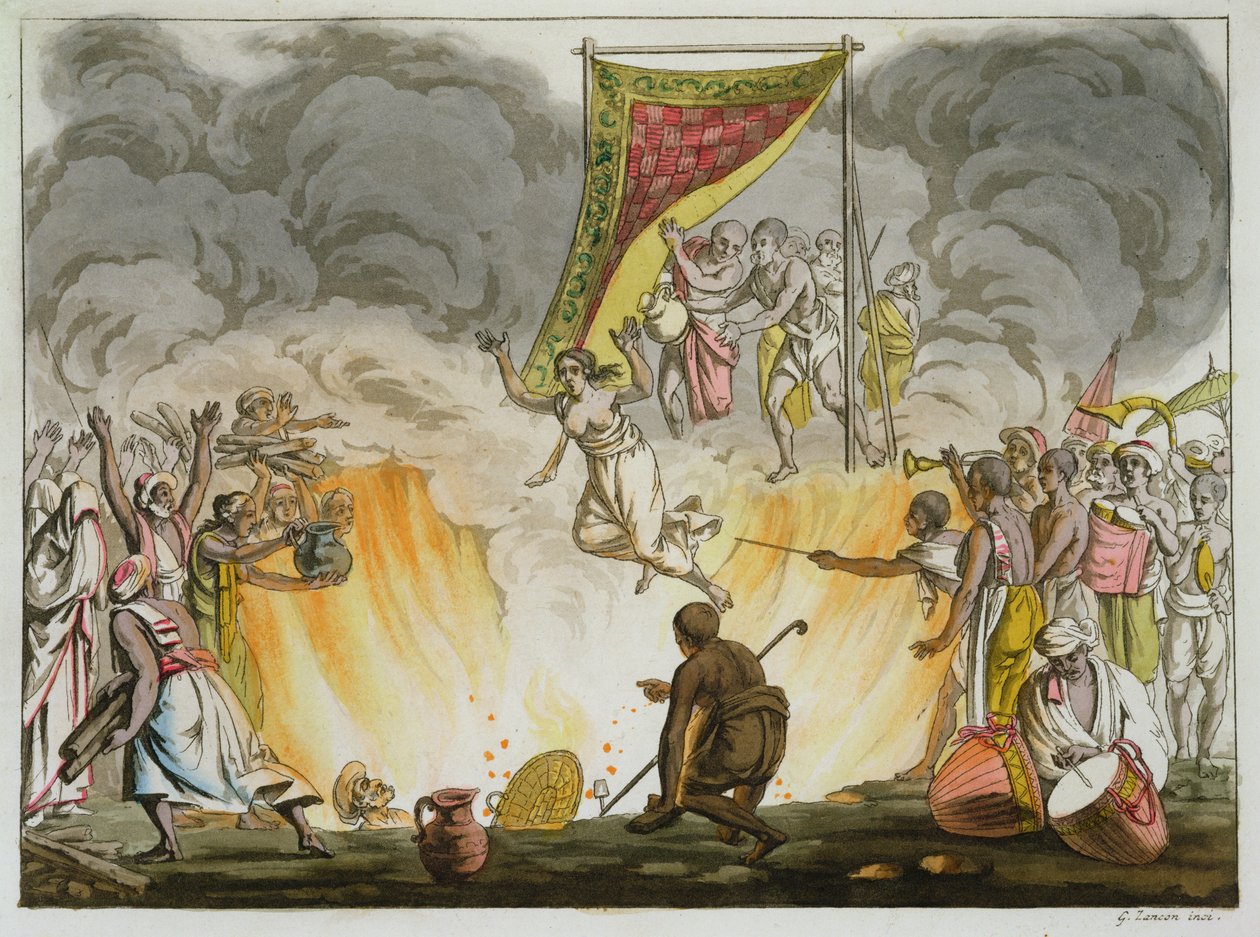 Eine indische Witwe verbrennt mit dem Leichnam ihres Mannes, Tafel 30 aus einem Buch über Indien, graviert von Gaetano Zancon von French School
