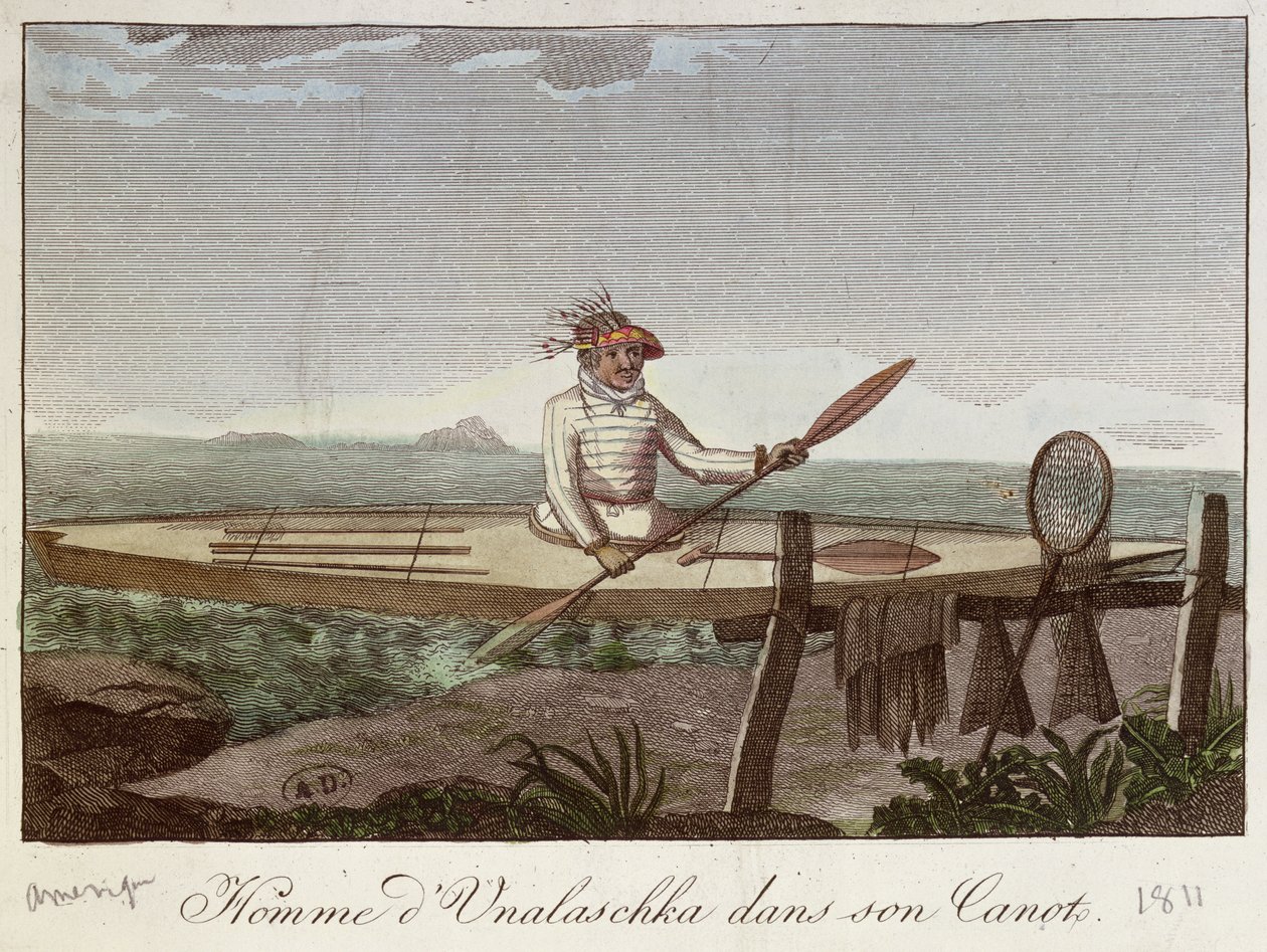 Ein Bewohner der Insel Unalaska in seinem Kanu, 1811 von French School
