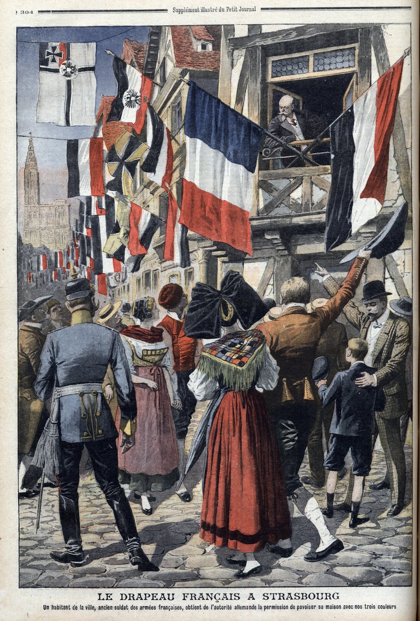 Ein alter französischer Soldat im von Deutschland besetzten Straßburg darf die französische Flagge zeigen - „Le Petit Journal“ vom 20. September 1908 (Gravur) von French School