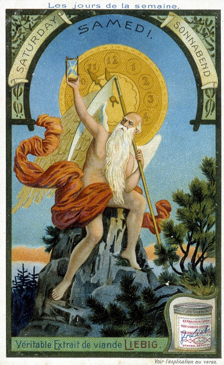 Antike Gottheit hält eine Sanduhr als Symbol der vergehenden Zeit zur Veranschaulichung des Samstags. Liebig Chromolithographische Werbekarte von French School