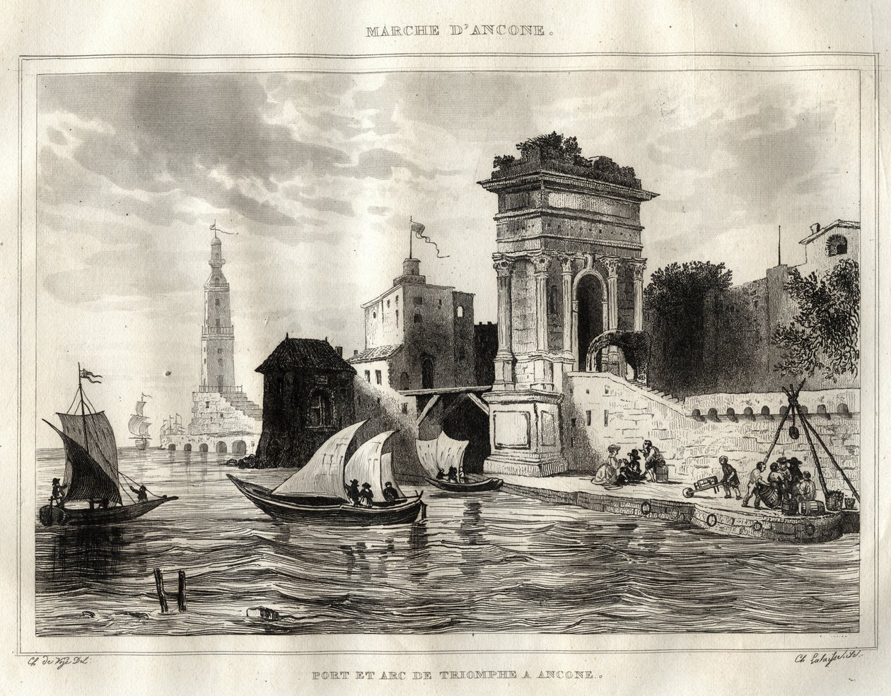 Ancona - Italien - Der Bogen von Trajan, antikes römisches Werk, Apollodoro zugeschrieben - Der Bogen befindet sich in Ancona - Gravur aus „Italien malerisch“ - Historische und beschreibende Malerei von Italien“ von M. de Norvins, Ch. Nodier 1834-1836 von French School