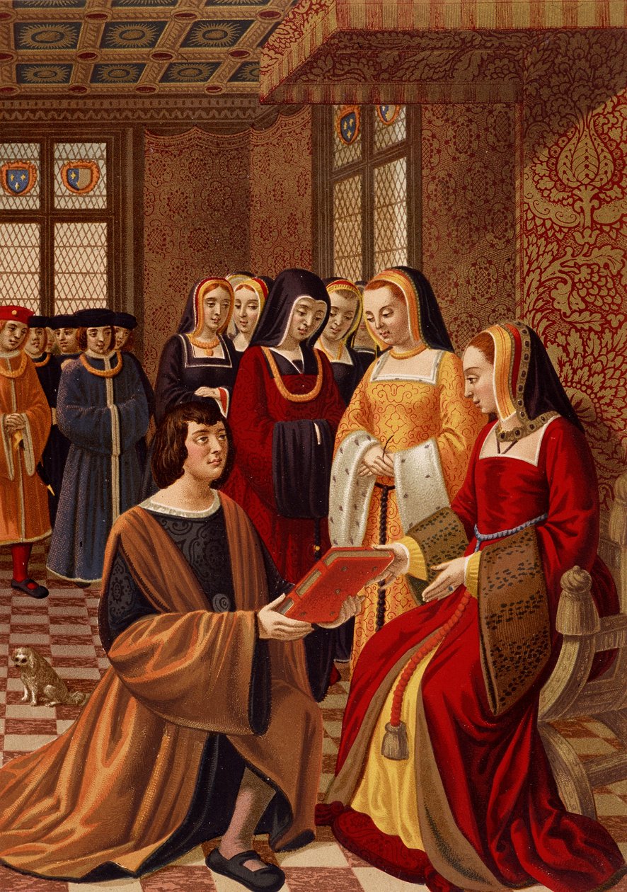 Anne von Bretagne (1477-1514) umgeben von ihren Ehrendamen. Chromolithographie nach einer Miniatur aus dem 16. Jahrhundert. Bibliothek der Künste Deco, Paris von French School