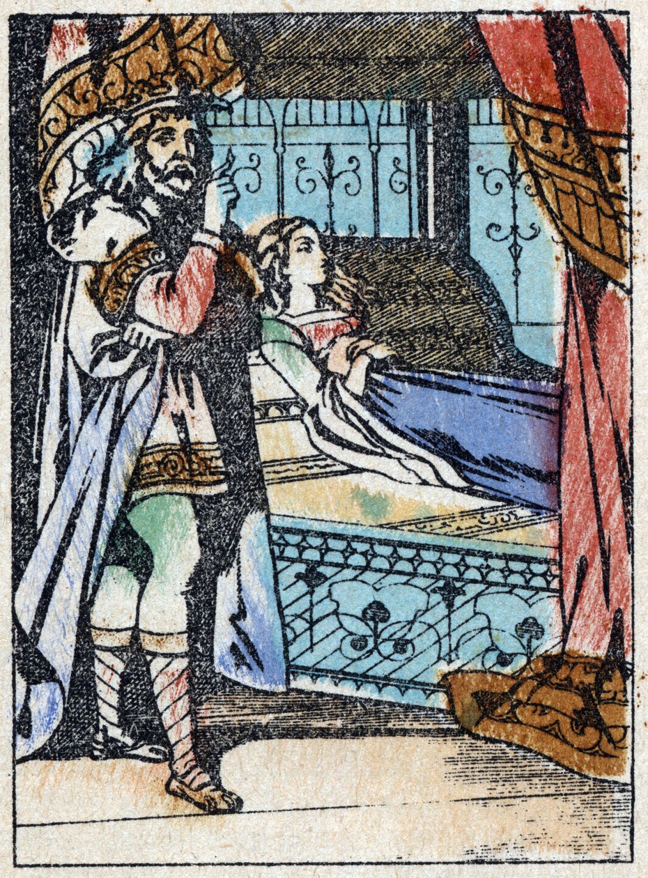 Anonyme Illustration für „Dornröschen“, Märchen von Charles Perrault (1628-1703), französischer Schriftsteller. Holzschnitt von Imaging Pellerin - Epinal, sp. Ende des 19. Jahrhunderts von French School