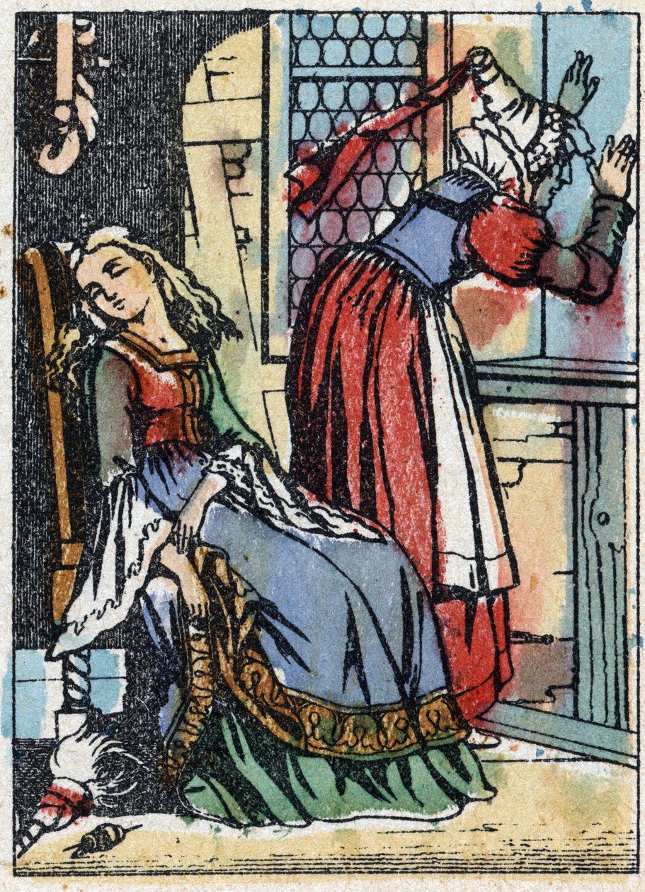Anonyme Illustration für „Dornröschen“, Märchen von Charles Perrault (1628-1703), französischer Schriftsteller. Holzschnitt von Imaging Pellerin - Epinal, sp. Ende des 19. Jahrhunderts. von French School