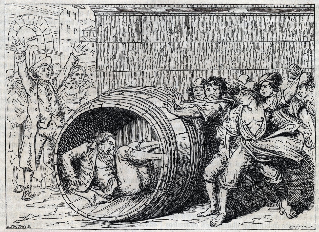 Antisemitische Verfolgung im 17. Jahrhundert: ein Jude wird von Einwohnern Roms in einem Fass gerollt. Illustration aus „Meo Patacca“, Gedicht von Giuseppe Berneri (1637-1700). Gravur von Bocourt. von French School