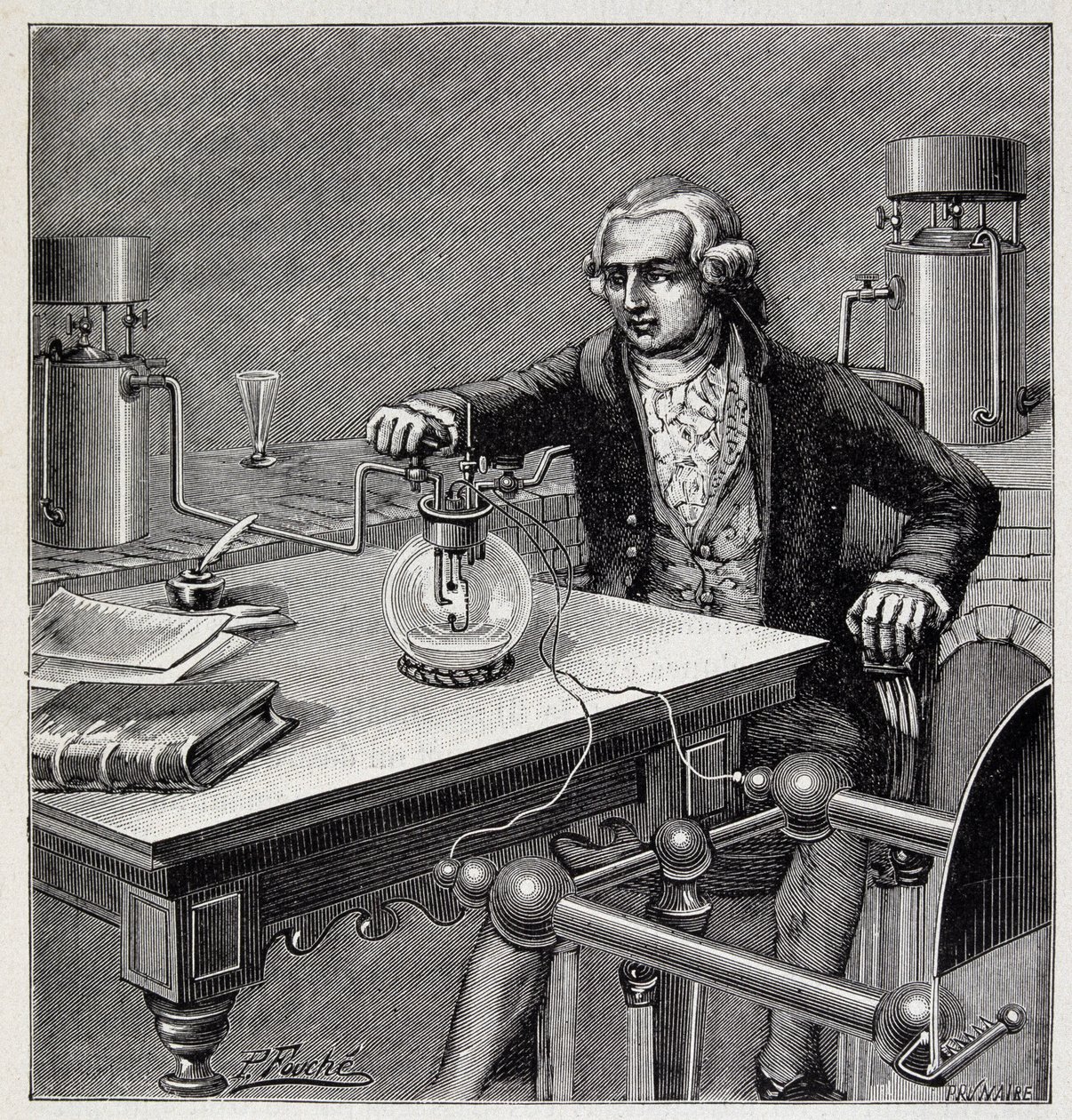 Antoine Laurent de Lavoisier (1743-1794) führt ein Experiment durch - in „Physique populaire“ von Emile Desbeaux von French School