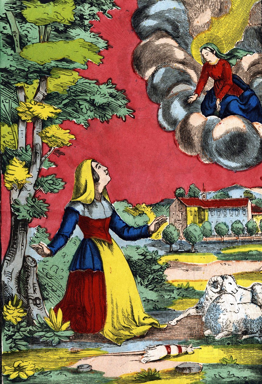 Erscheinung der seligen Jungfrau der heiligen Schwester Benoite, bekannt als die Schäferin von Laus. Bild von Epinal, erste Hälfte des 19. Jahrhunderts von French School