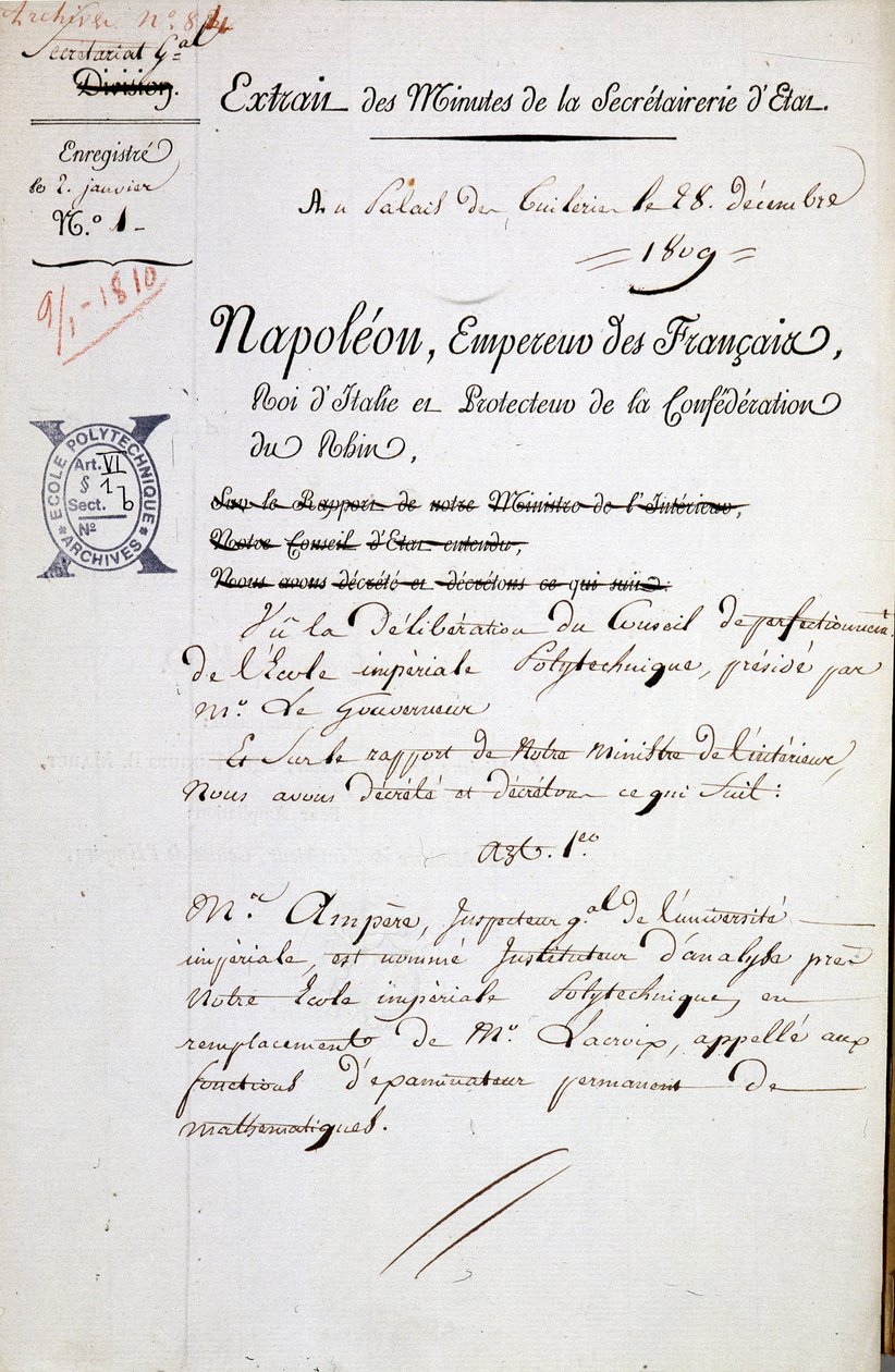 Ernennung von Napoleon von André Marie Ampère zum Inspektor der Polytechnique - Pflichtangabe: Archive der Bibl. de l