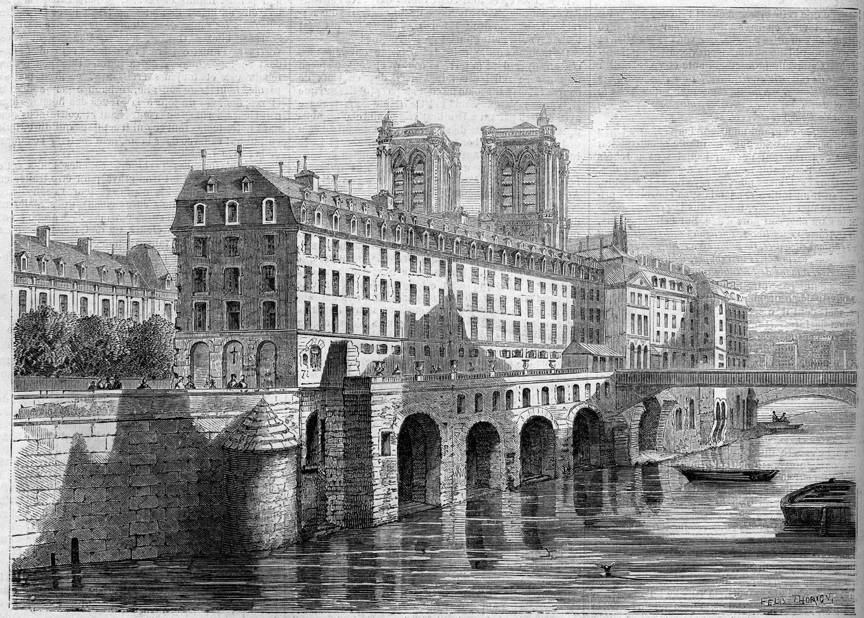 Architektur: Außenansicht des Hôtel-Dieu auf der Île de la Cité in Paris vor seinem Abriss. Ansicht vom Quai de la Tournelle im Jahr 1859. Gravur in „Le Monde Illustré“ Nr. 136 vom 19. November 1859. von French School