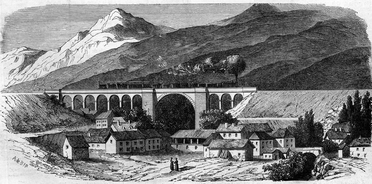 Architektur: Blick auf das Viadukt von Bellegarde (Rhone Alpes) an der Eisenbahnlinie, die Lyon mit Genf verbindet. 1858. Gravur in „Le Monde Illustré“ Nr. 49 vom 20. März 1858. von French School