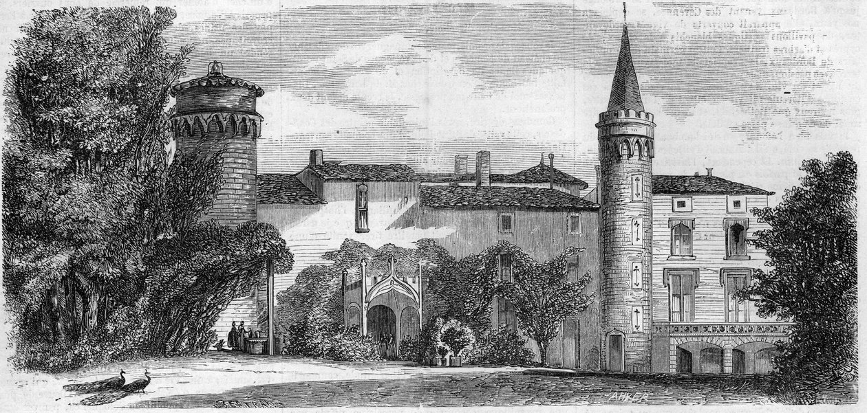 Architektur: Ansicht des Schlosses von Saint Point (Saint-Point) (13. Jahrhundert), Residenz von Alphonse de Lamartine. Saône-et-Loire (71). Gravur in „Le Monde Illustré“ Nr. 29 vom 31. Oktober 1857. von French School