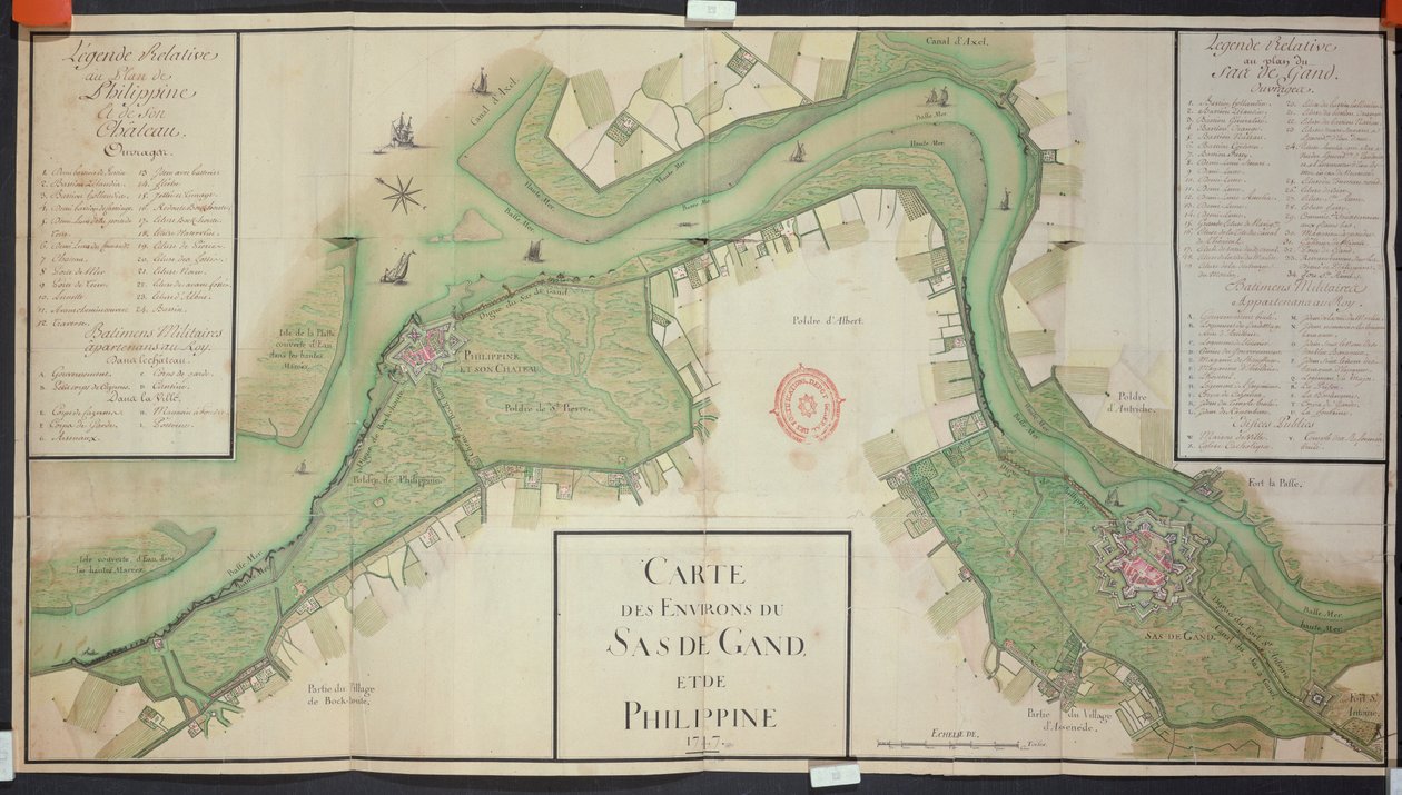 Gebiet um Sas van Gent und Philippine, Niederlande, 1747 (Feder, Tinte & Aquarell auf Papier) von French School