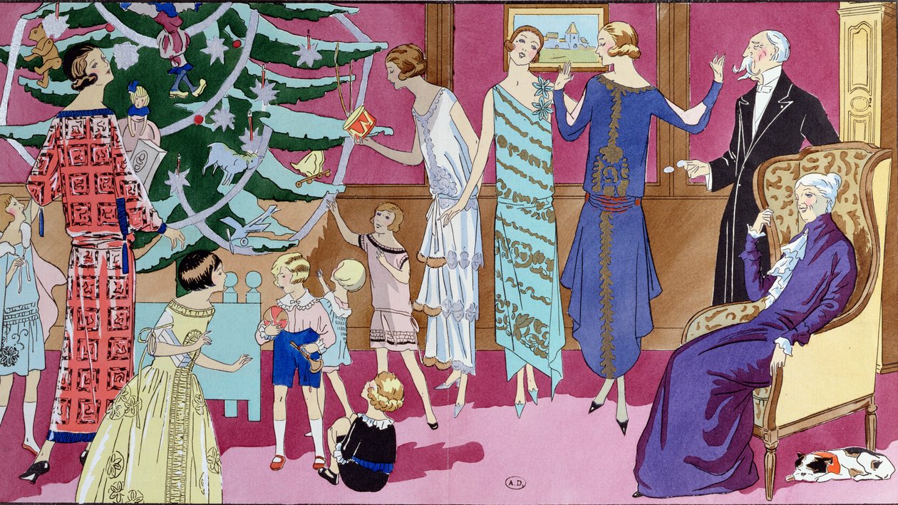 Um den Weihnachtsbaum, Modeplatte aus der Zeitschrift Art Gout Beaute, Dezember 1923 von French School