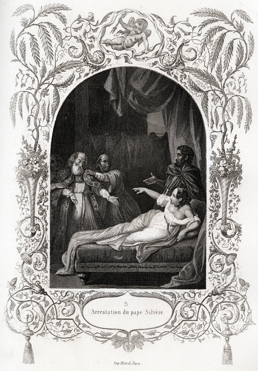 Verhaftung von Papst Silvere (Silvester) (Papst von 536 bis 537). Gravur zur Illustration der „Geschichte der Päpste“ von Maurice Lachatre (1814-1900) von French School