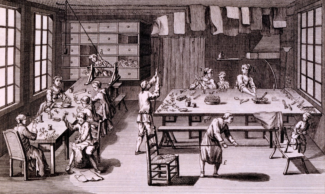 Künstlicher Blumenladen, Illustration aus der Enzyklopädie oder einem systematischen Wörterbuch der Wissenschaften, Künste und Handwerke von Denis Diderot, veröffentlicht 1765 von French School